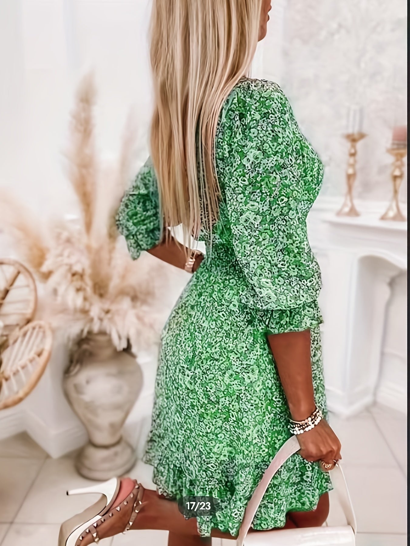 Floral V-Neck Shirred Waist Dress – Casual Spring & Summer Style - The Highest Nation