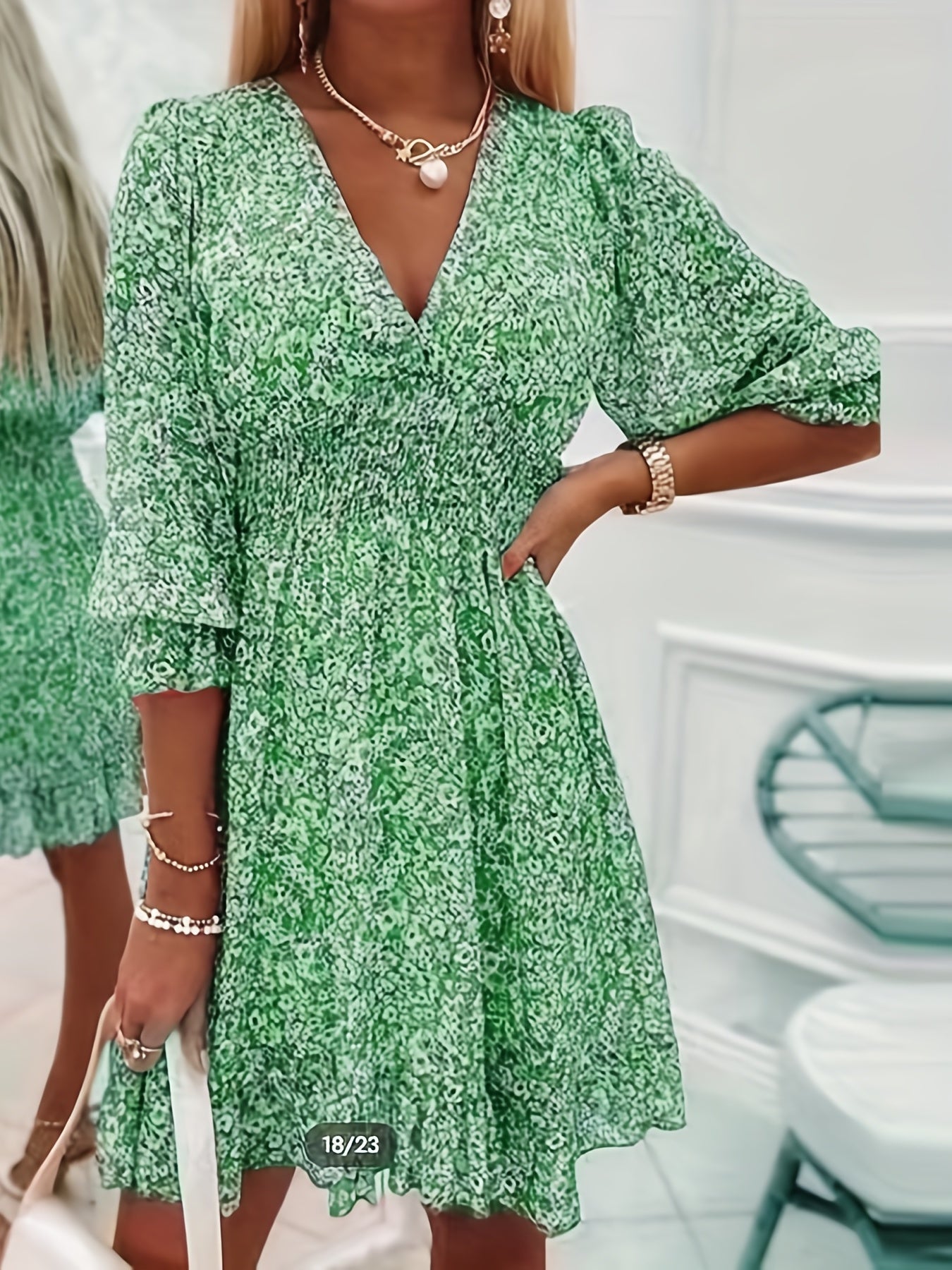 Floral V-Neck Shirred Waist Dress – Casual Spring & Summer Style - The Highest Nation
