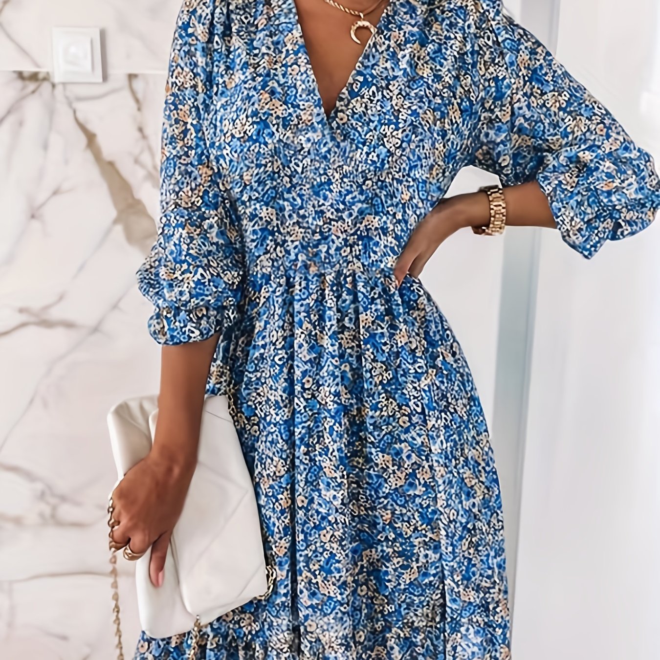Floral V-Neck Shirred Waist Dress – Casual Spring & Summer Style - The Highest Nation