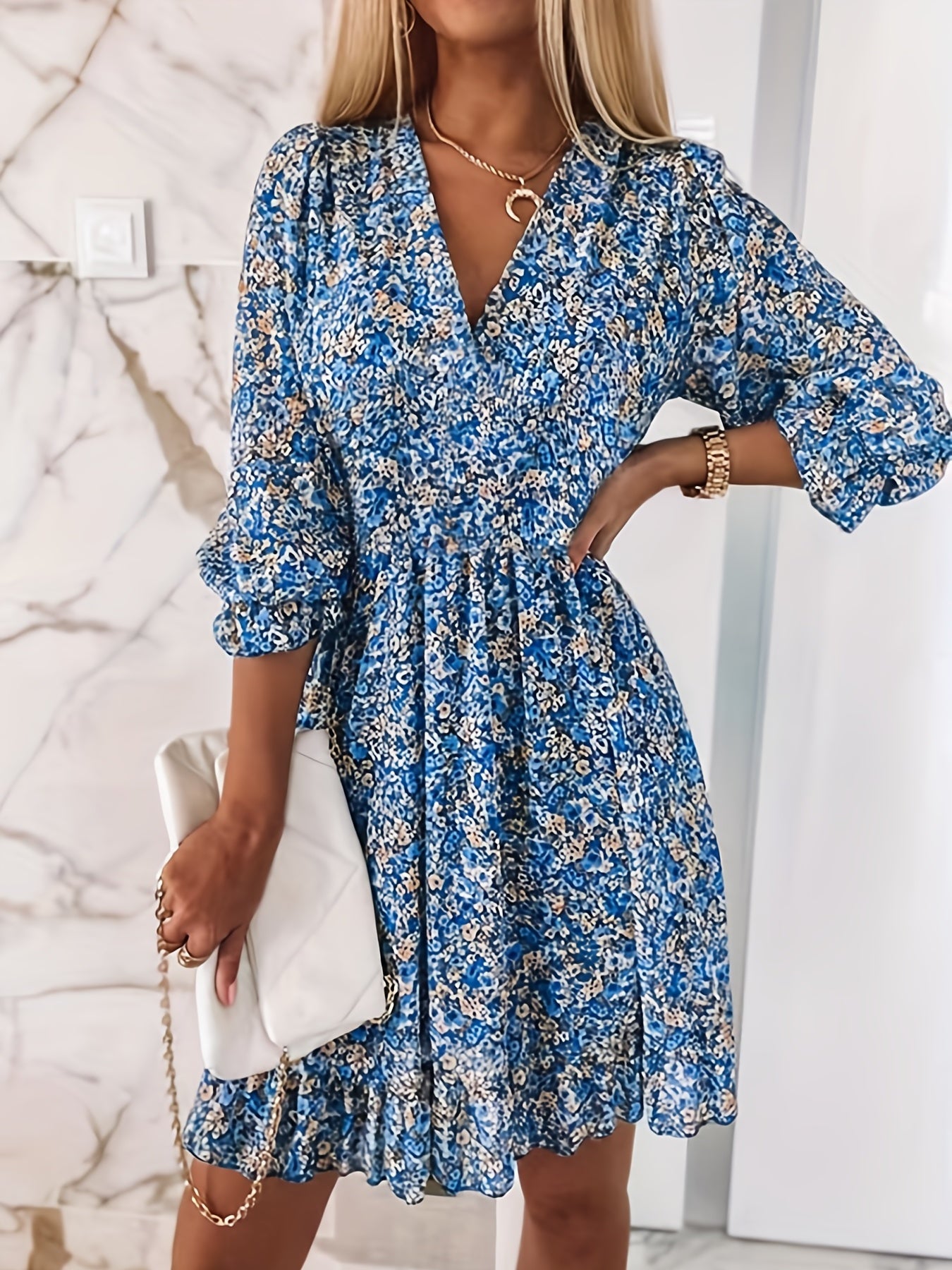 Floral V-Neck Shirred Waist Dress – Casual Spring & Summer Style - The Highest Nation