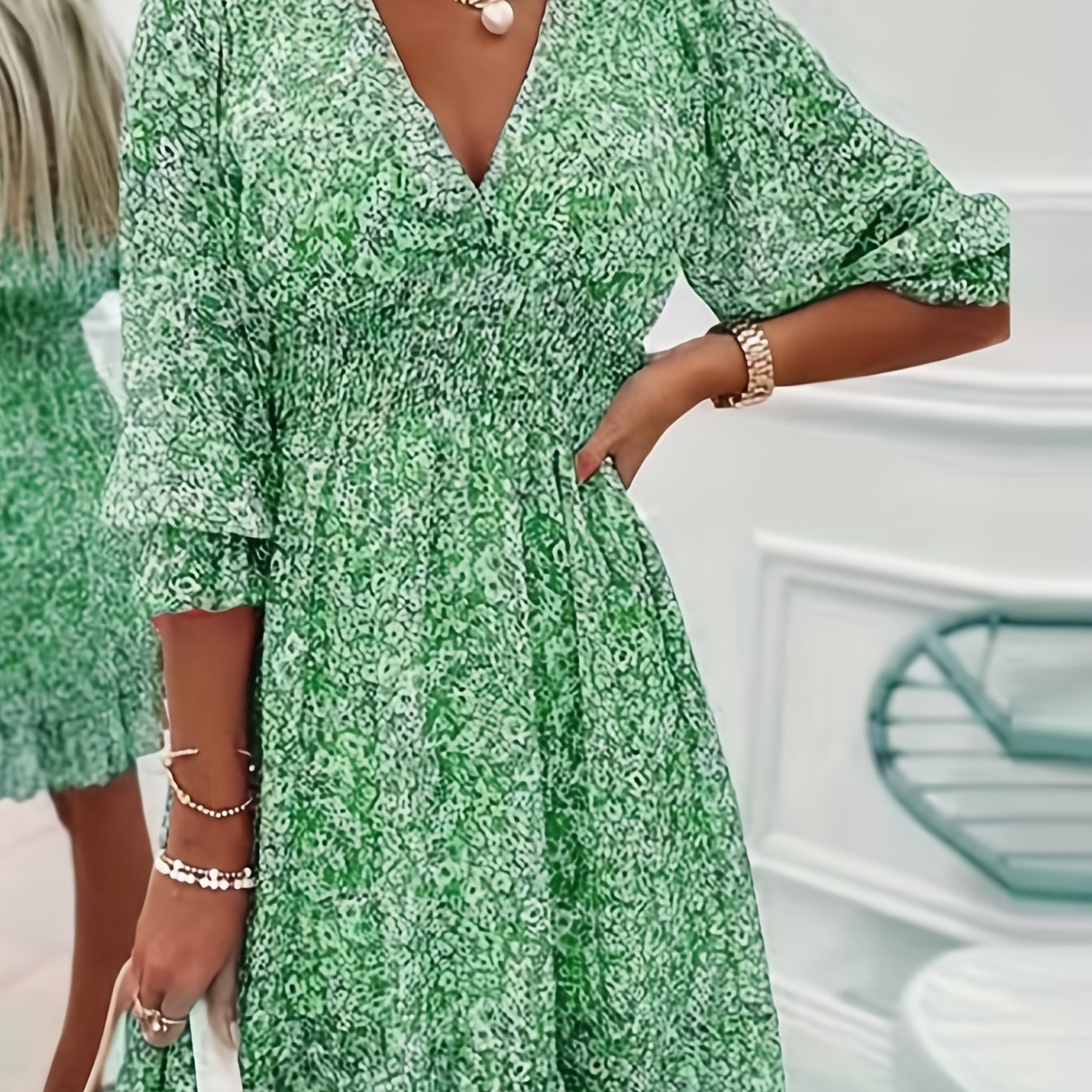 Floral V-Neck Shirred Waist Dress – Casual Spring & Summer Style - The Highest Nation