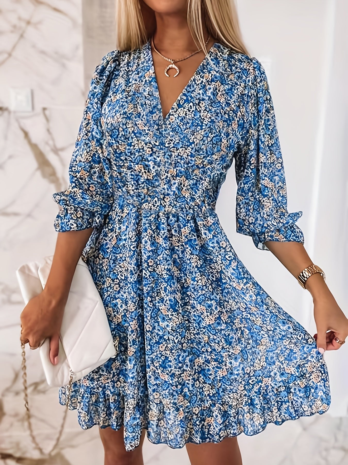Floral V-Neck Shirred Waist Dress – Casual Spring & Summer Style - The Highest Nation